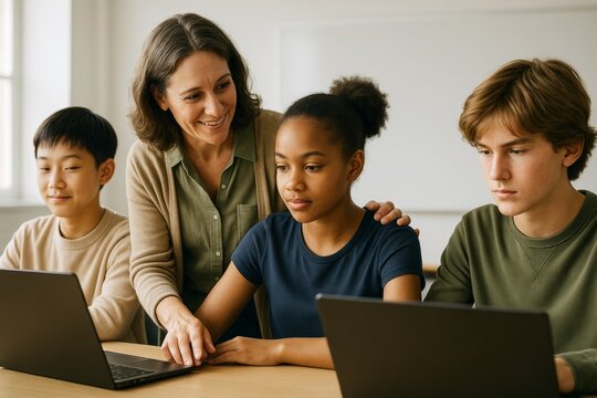 Teacher guiding diverse students using laptops in classroom with light background, promoting education, learning and digital mind development concept. Ai generative