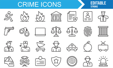 Stroke style crime icons pack with investigation, scales of justice, bomb, and handcuffs
