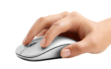 Female hand holding modern wireless computer mouse, isolated on transparent cutout background