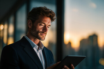 Fototapeta premium Businessman in suit using digital tablet with cityscape at sunset in background