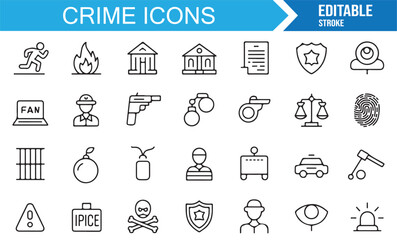 Editable stroke crime icons collection with police, law enforcement, fingerprint, and security symbols