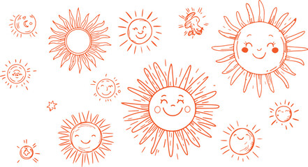 Sun Icons Vector Illustration &ndash; Cartoon, Sunshine, Happy, Minimal, Flat, Outline, Black and White, Cute, Kids, Funny, Doodle, Sketch, Creative, Art, Icon, Symbol, Modern, Design, Illustration