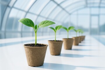 Young green seedlings in biodegradable pots aligned in a row inside a bright modern greenhouse with soft natural light and blurred background. Ai generative