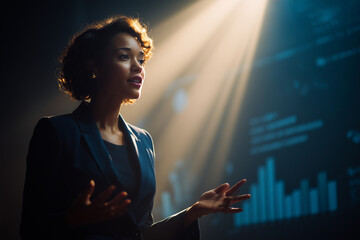 Confident businesswoman delivering an engaging presentation with data visualization in a spotlighted modern setting