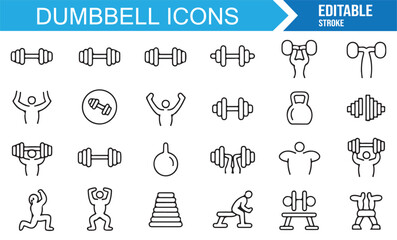 Dumbbell icons set in linear stroke style featuring exercise, training, bodybuilding, and strength tools