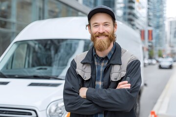 Smiling delivery driver beams beside white cargo van city street painting a happiness breeze.