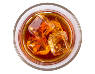 Classic Glass of Rum with Ice Cubes, Top-Down Perspective, Transparent Drink Illustration, Isolated