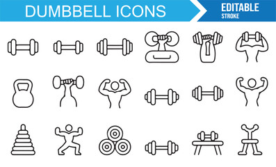 Fitness dumbbell icon collection in outline style with barbell, kettlebell, athlete, and weightlifting