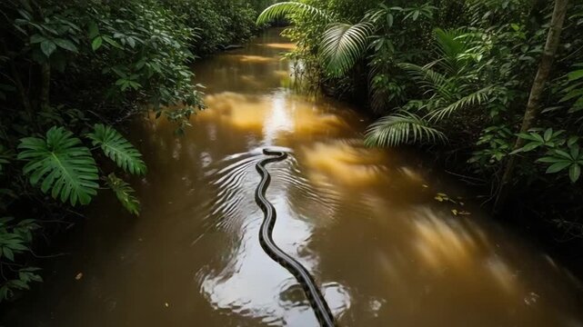 Giant Anaconda by Riverbank in Tropical Forest