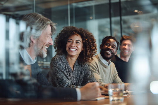 Diverse business team engaged in lively discussion and smiling during a meeting in a modern office setting - Powered by Adobe