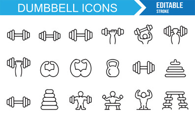 Line art dumbbell icon set featuring barbell, kettlebell, fitness training, and exercise equipment