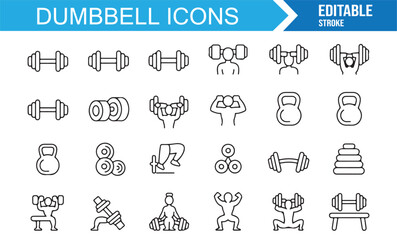Editable stroke dumbbell icons collection with weightlifting, bodybuilding, and gym workout symbols