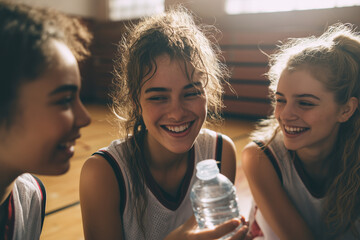 Young female basketball players sharing a joyful moment during a break, smiling and enjoying water in gym