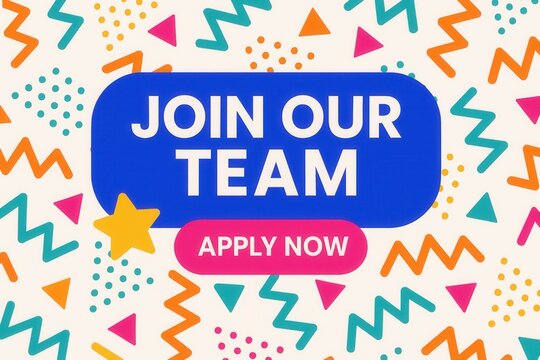 Join our team with APPLY NOW recruitment promo banner, vibrant geometric style, engaging job offer announcement.