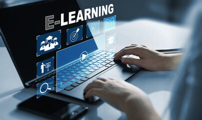 Person who attends online lessons on a digital screen.E-learning education, internet lessons and online webinar. Education internet Technology.	
