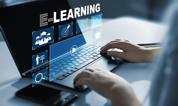 Person who attends online lessons on a digital screen.E-learning education, internet lessons and online webinar. Education internet Technology.	
 - Powered by Adobe