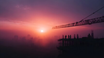 Fototapeta premium Construction workers and a towering crane are silhouetted against a vibrant hazy sunset over a sprawling city skyline at a building site