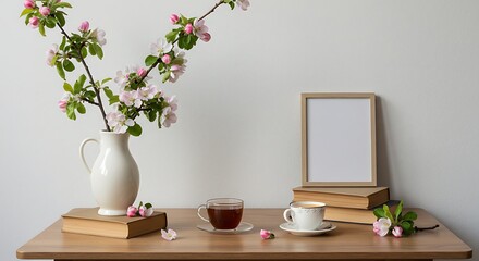 春の静物画：木と温かいティータイム