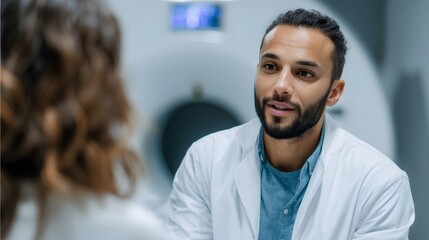 A male doctor in a modern hospital setting provides a clear explanation of medical imaging to a patient with advanced diagnostic equipment visible in