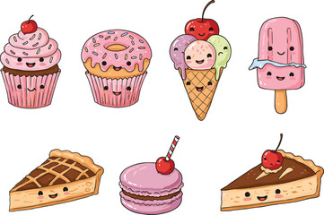 Cute cartoon desserts with faces cupcake donut ice cream popsicle pie macaron cake sweet food vector illustration