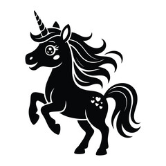 Whimsical black unicorn silhouette with flowing mane and tail