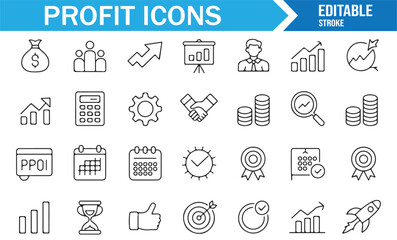 Business strategy profit icon set including investment, market growth, capital, and planning symbols