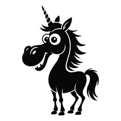Whimsical black silhouette of a goofy cartoon unicorn with big eyes