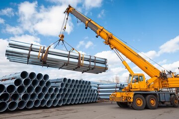 Heavy-duty crane lifts a bundle of metallic pipes from the ground, showcasing the dynamic movement and precision in a construction yard environment