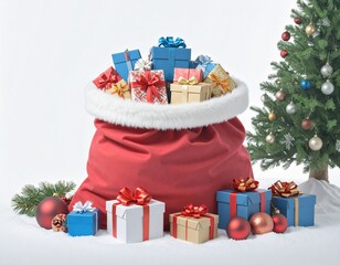 A large red Santa sack filled with colorful wrapped gifts, placed on snow with ornaments and a decorated Christmas tree in the background