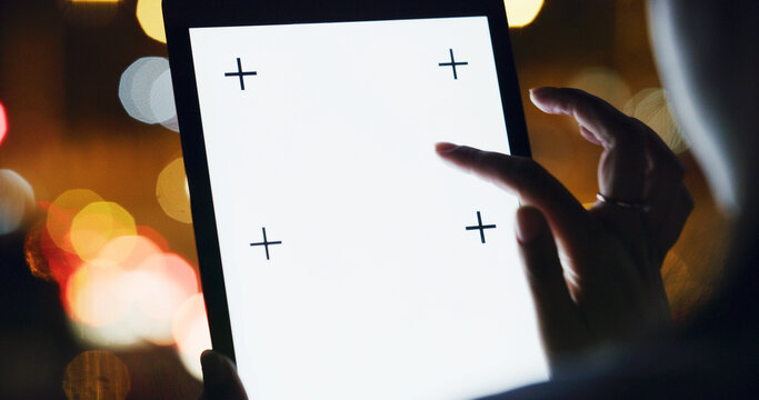 Hands, person and tablet screen in city at night for travel, social media and bokeh for booking transport. Woman, digital and mockup space of urban commute, navigation and directions for working late