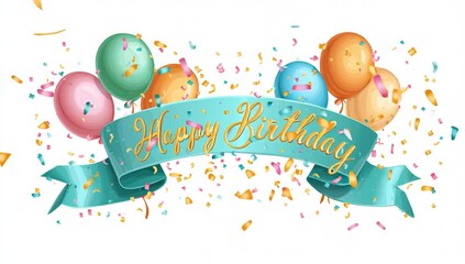 a illustrative happy birthday card for a child with a banner holding balloons and confetti