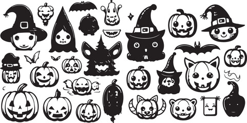 Halloween Vector Set – Pumpkins, Witch Hat, Cat, Bat, Ghost, Scary, Spooky, Cartoon, Illustration, Icon, Outline, Creative, Black and White, Symbol, Doodle, Holiday, Autumn, Design
