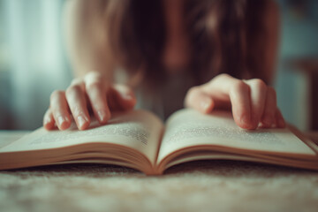 Close-up of a person reading an open book with fingers gently touching the pages in a cozy indoor setting