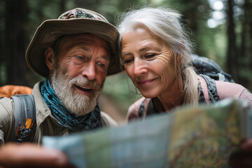 Happy senior couple exploring nature together on a hiking trip, consulting a map in the forest