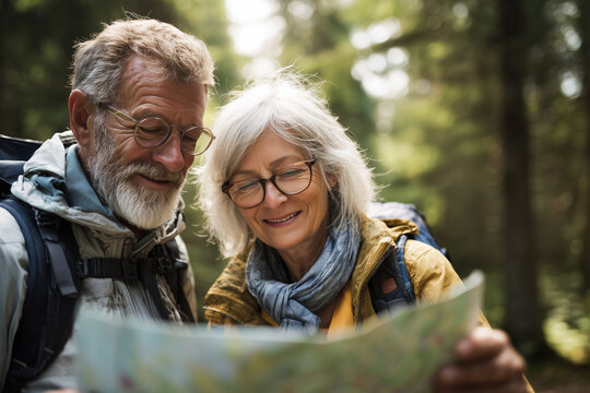 Happy senior couple hiking in forest looking at map together during outdoor adventure - Powered by Adobe