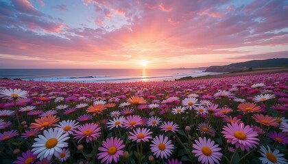 Fototapeta premium Field of colorful daisies blooming near the ocean at sunset with a pink sky view