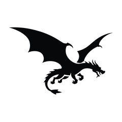 Majestic black silhouette of a fierce dragon in flight against a white background