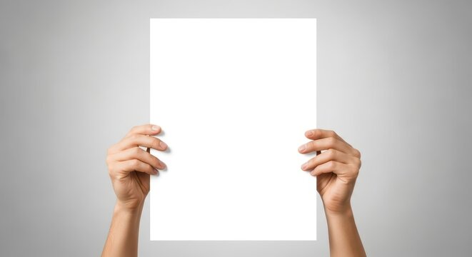 Hands holding a blank white paper isolated on white background