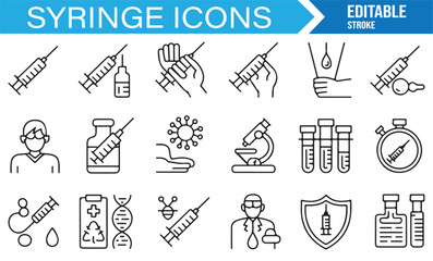 Medical syringe icon set in line style including healthcare, patient, treatment, and vaccination