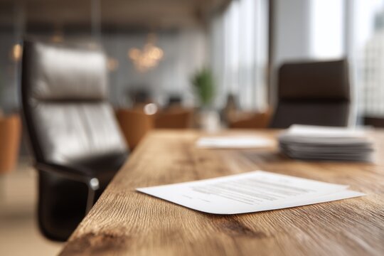 Wooden office desk surface with blurred HR interview setup in the background, symbolizing career and recruitment. - Powered by Adobe