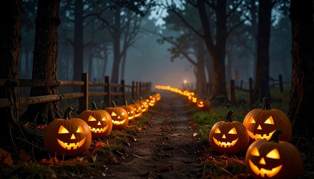 Halloween path lit by jack-o'-lanterns