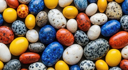 Colorful candy coated chocolate eggs in a pile