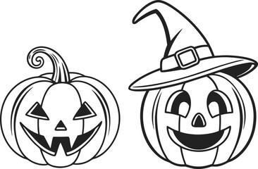 Vector art of two carved halloween pumpkins, one wearing a witch hat