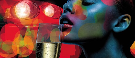 Vibrant Nightlife: Woman Enjoying Champagne with Neon Lights and Colorful Bokeh Effect