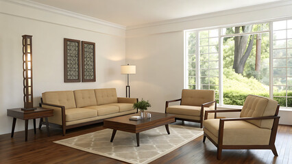 Fototapeta premium Elegant mid century modern living room with natural light and classic furniture