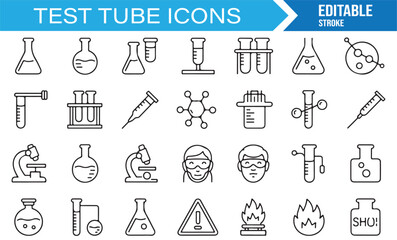 Science icon set with test tubes, molecules, microscope, hazard, and laboratory equipment