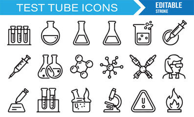 Editable stroke test tube icons collection with lab glassware, microscope, molecules, and safety symbols © R Hasan