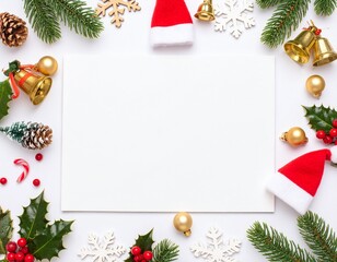 A Christmas border design decorated with holly leaves, red berries, golden bells, snowflakes, and festive ornaments on a clean white background