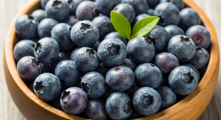 Fototapeta premium Bowl full of fresh blueberries with green leaf ornamentation macro shot