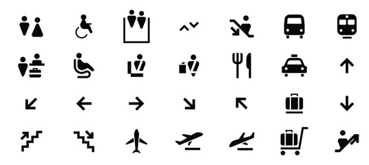 Black And White Pictogram Vector Set Food Drink Travel And Fuel Icons For Web Design. Public Transport And Travel Icons. Vector illustration.
